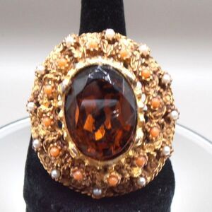 Vintage Gold Tone Convertible Brooch Pendant w/ Amber Glass & Faux Pearls